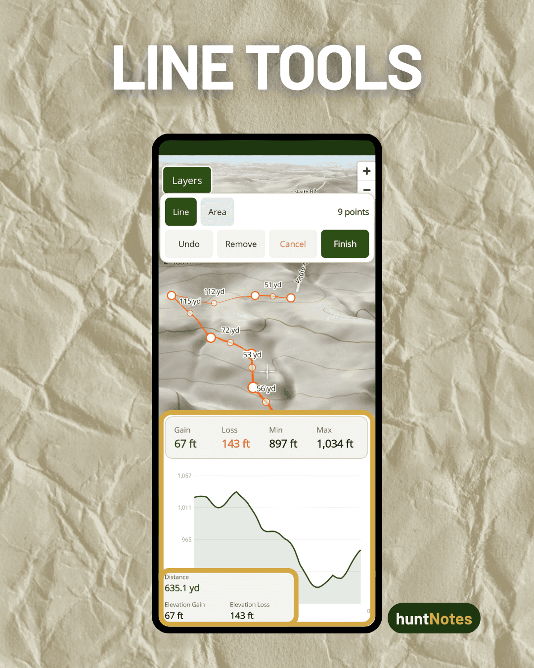 Line tool sketching a path with live distance and a full elevation profile showing gain, loss, min, and max