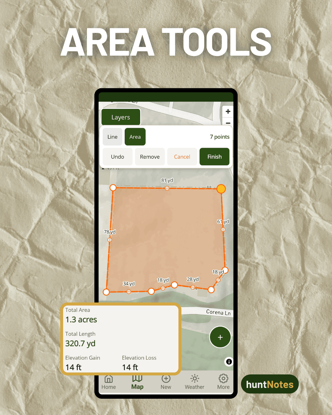 Area tool drawing a polygon with total acreage, perimeter length, and elevation gain/loss