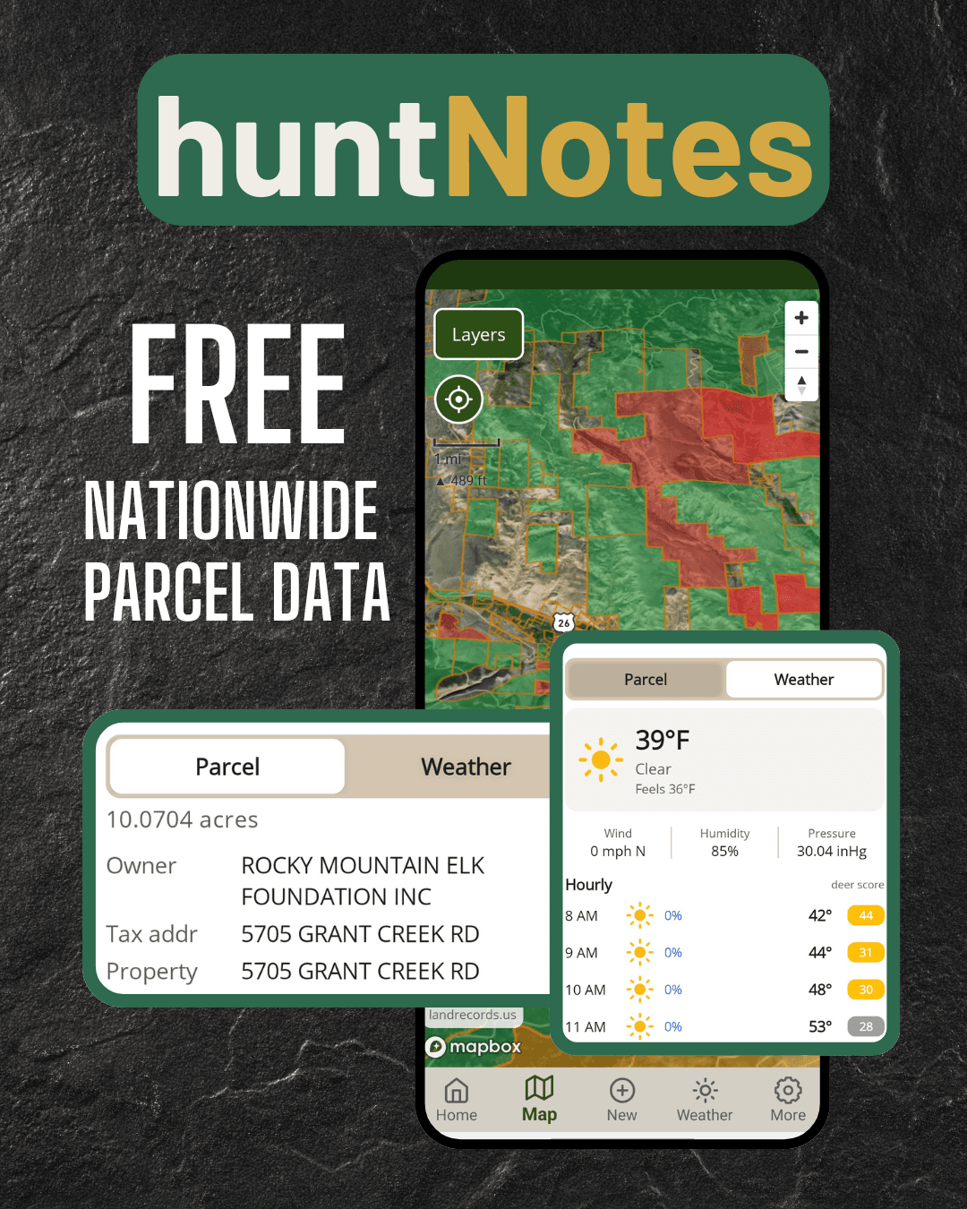 Property parcel sheet showing acreage, landowner, and tap-for-weather panel