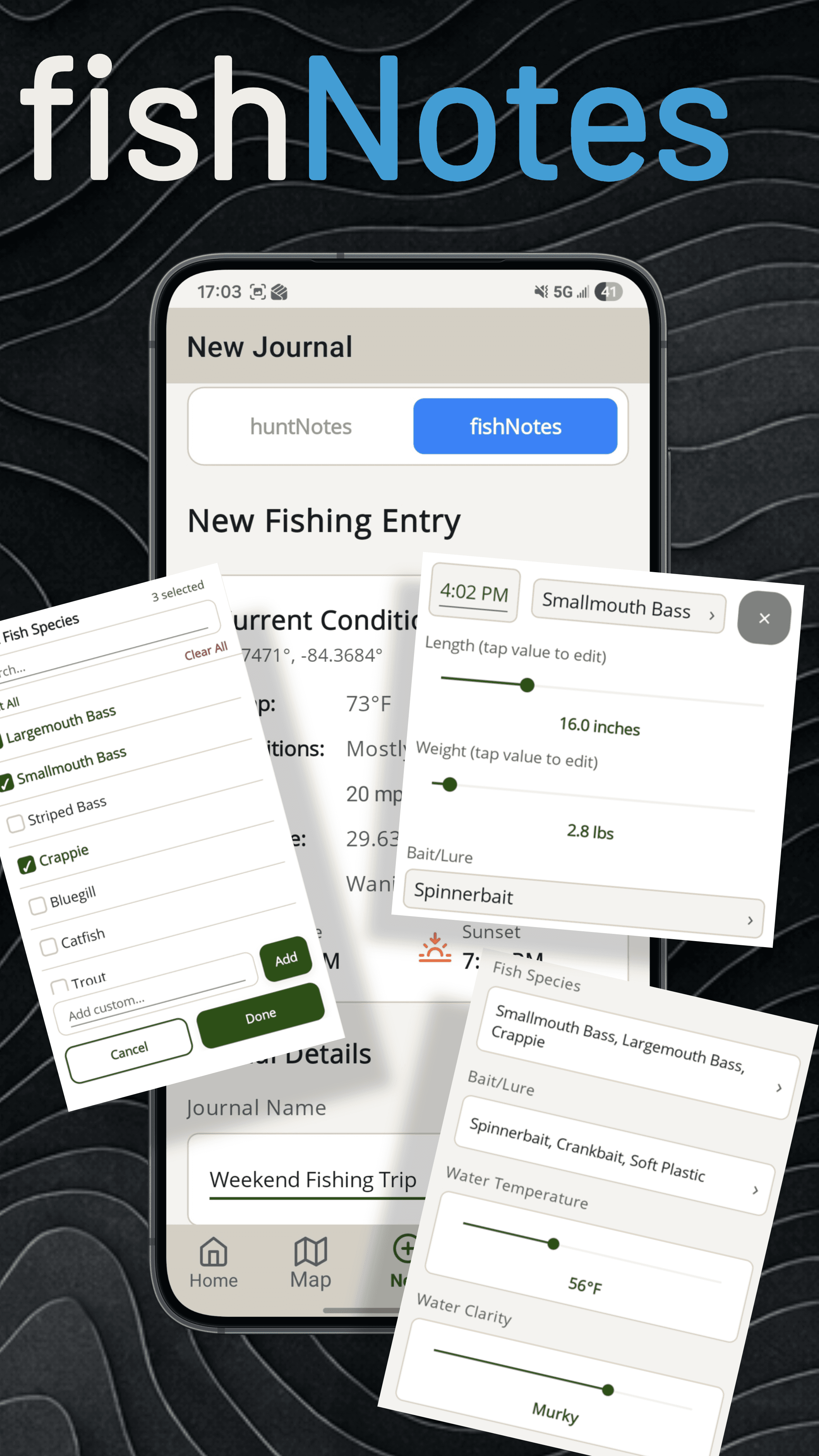 fishNotes mode — log species, length, weight, and bait per catch
