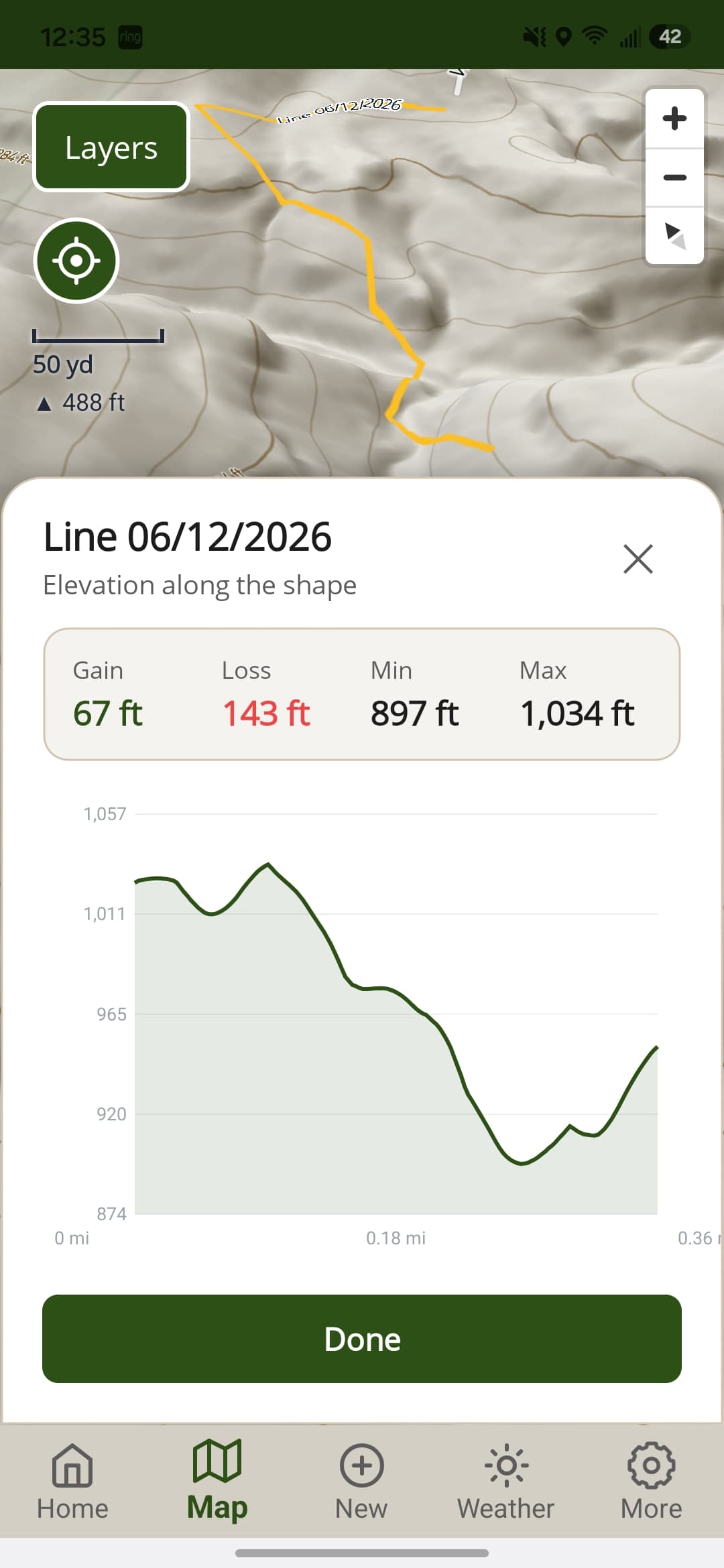 huntNotes 3D bare earth terrain layer with a drawn scouting line and its elevation profile