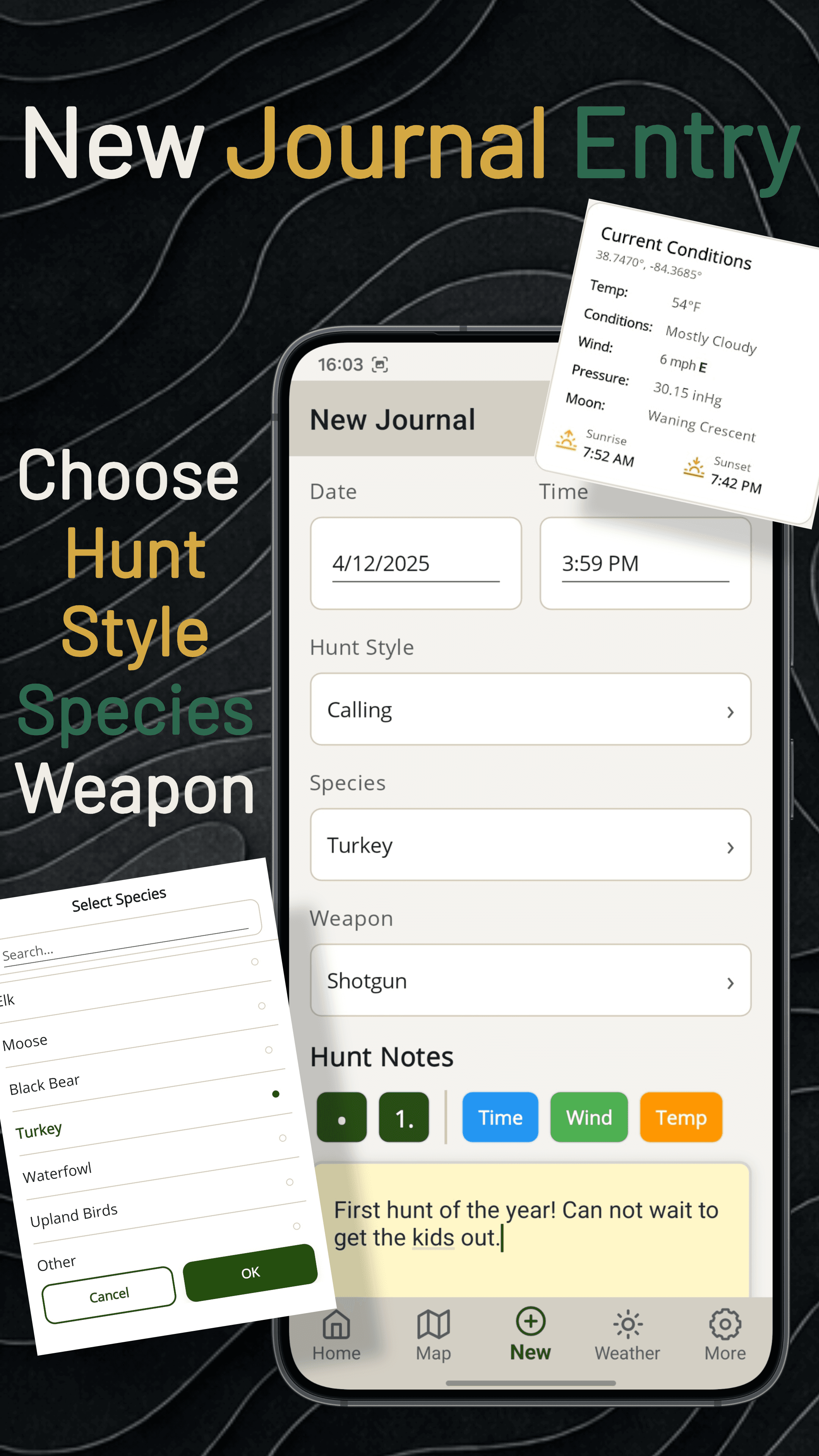 New Journal Entry — Hunt Style, Species, Weapon, Notes