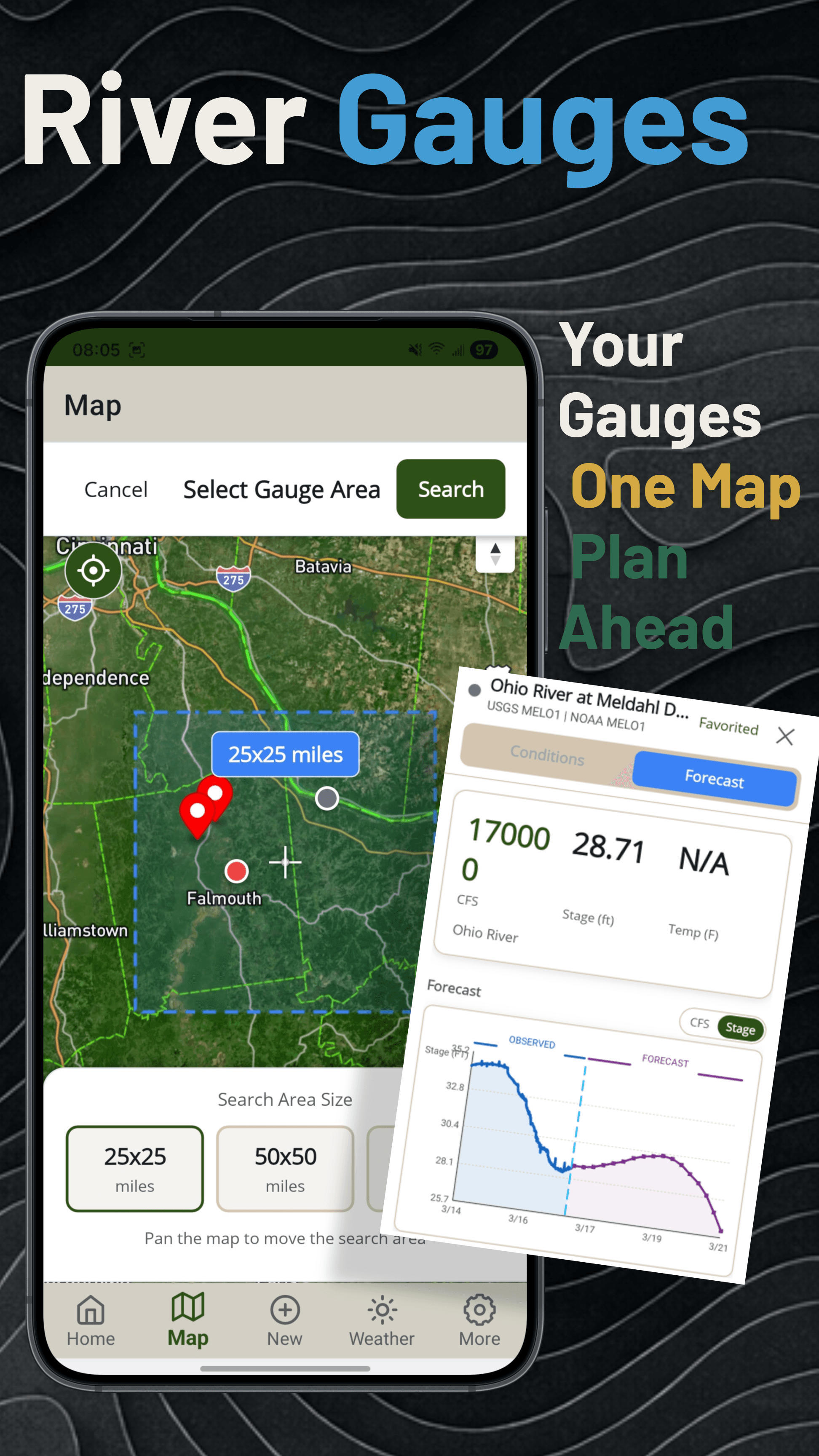 River & stream gauges — USGS and NOAA data on the map